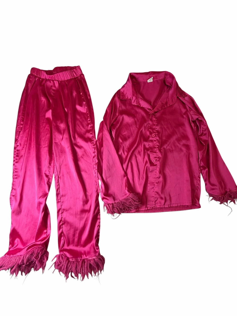 SHEIN Girls Bright Fuchsia Satin Pajama Set with Feather Trim